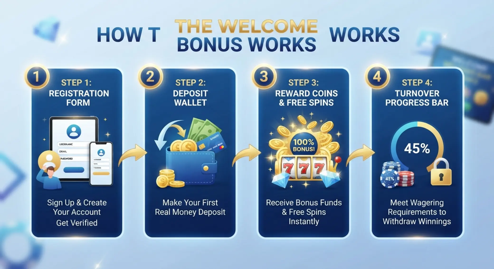 Jak działa bonus powitalny Schemat działania bonusu powitalnego od rejestracji do obrotu