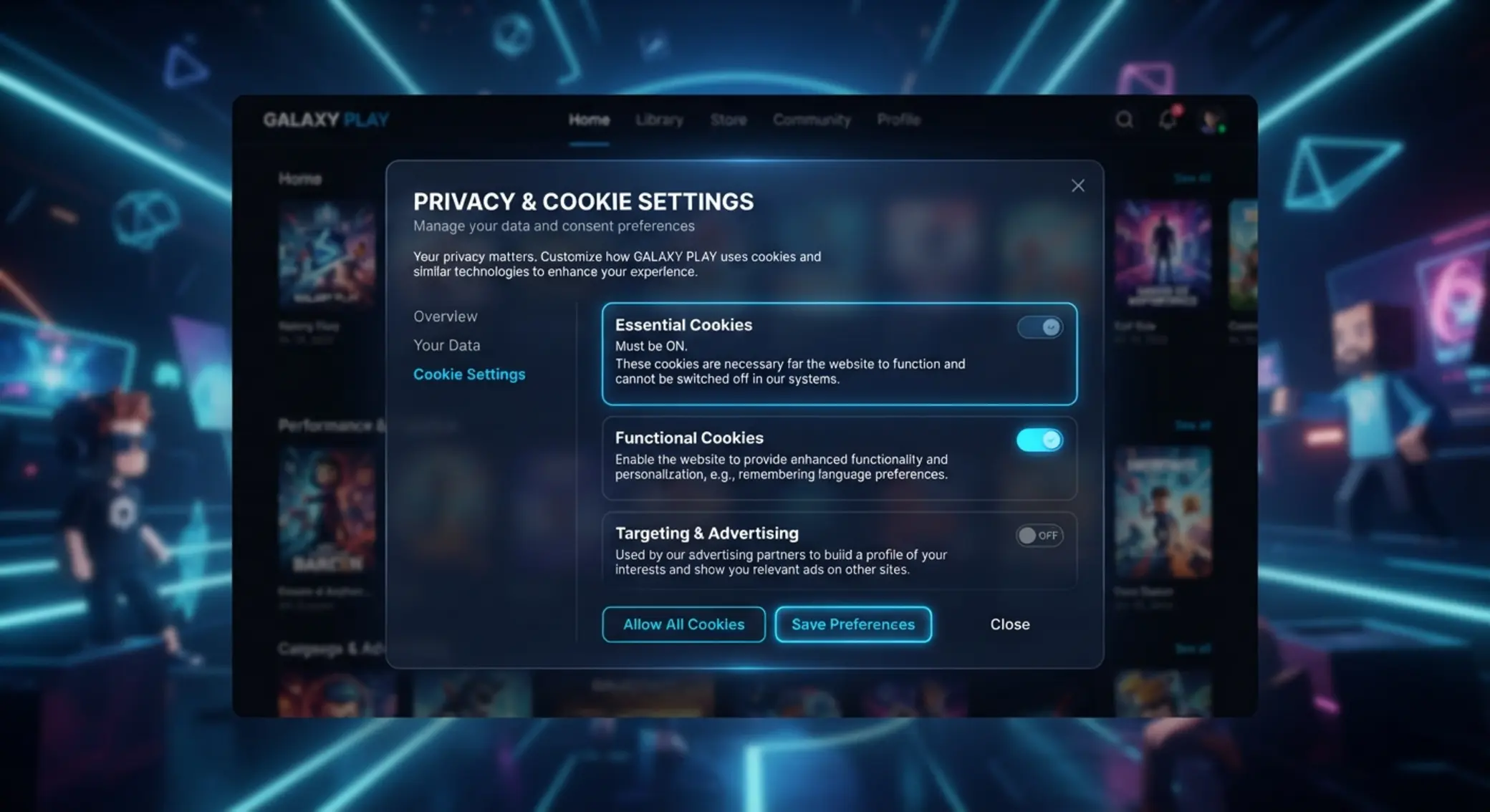 Panel ustawień cookie na tle serwisu rozrywkowego