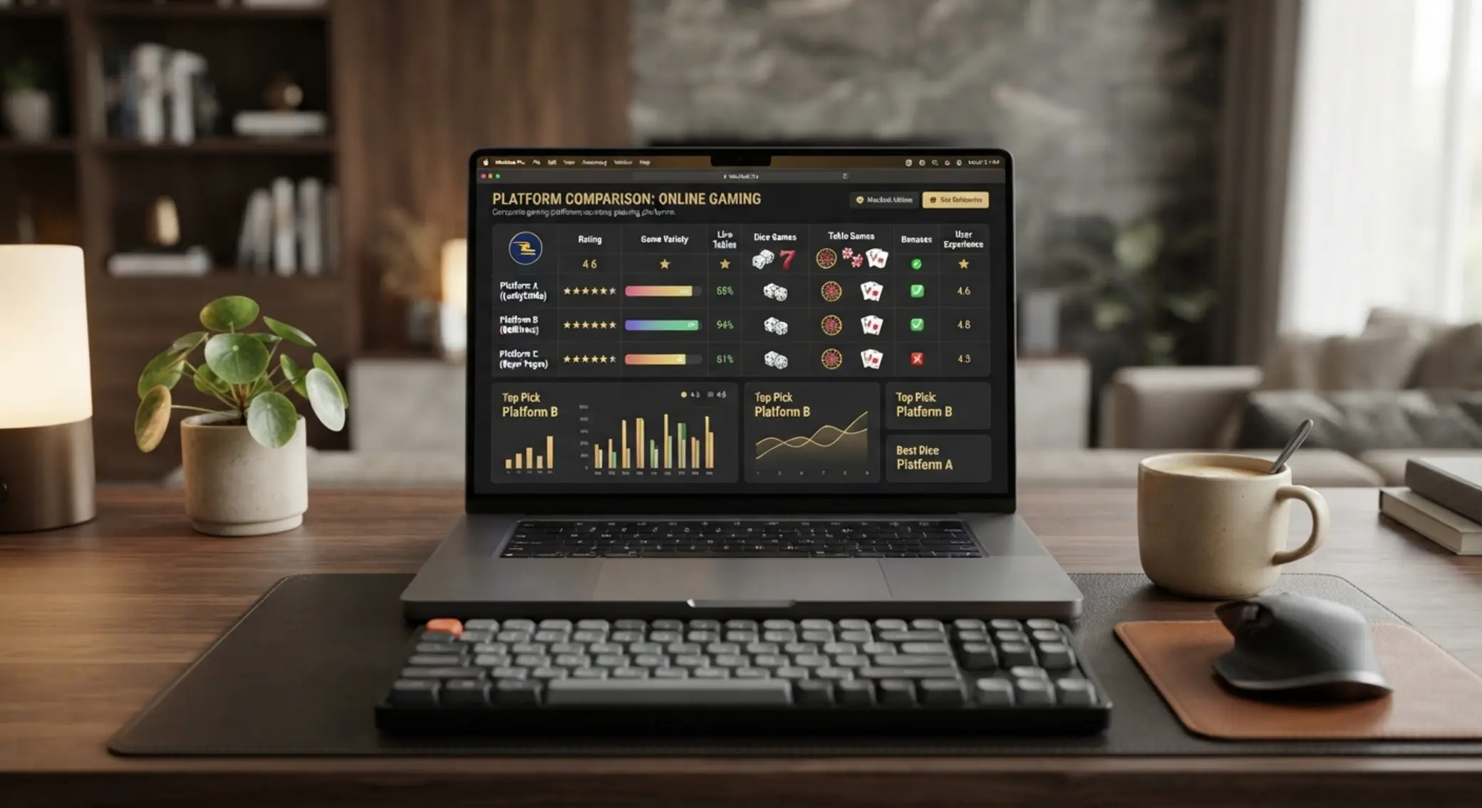 Laptop z ekranem porównującym platformy z grami stołowymi i stołami do kości
