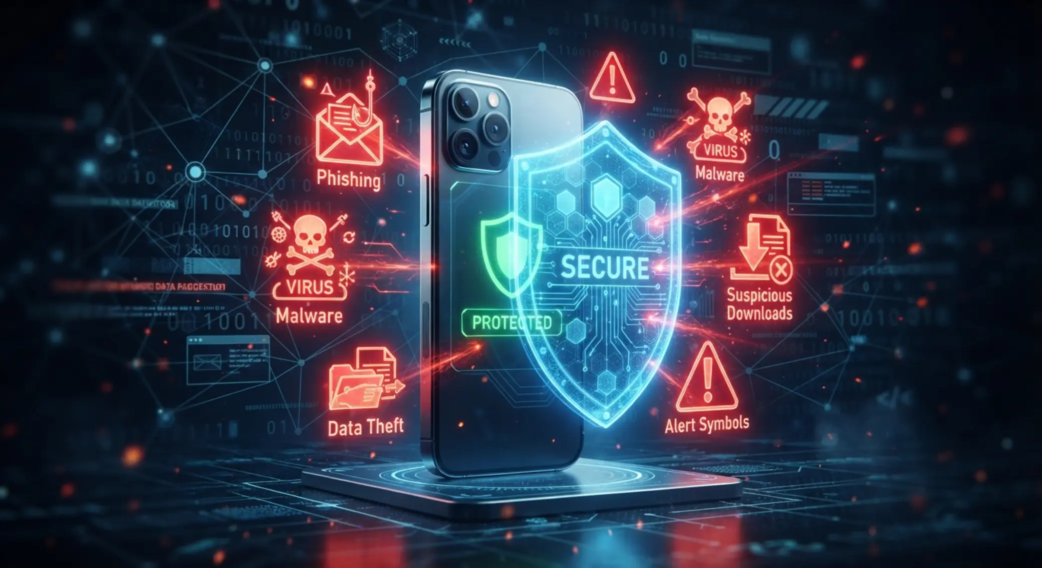 Smartfon chroniony tarczą cyberbezpieczeństwa przed zagrożeniami aplikacji
