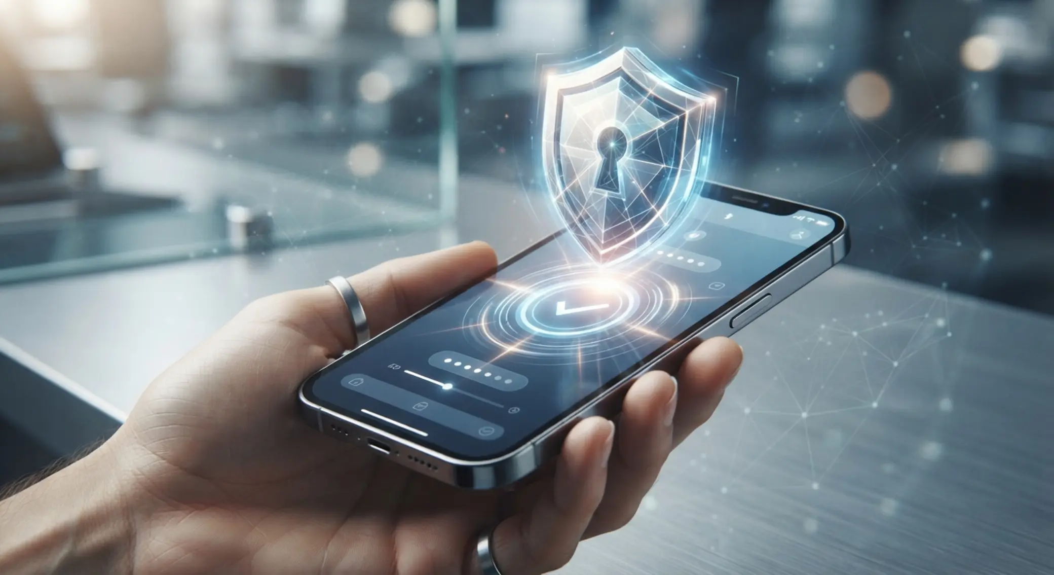 Smartfon z symbolem ochrony i bezpiecznych płatności mobilnych