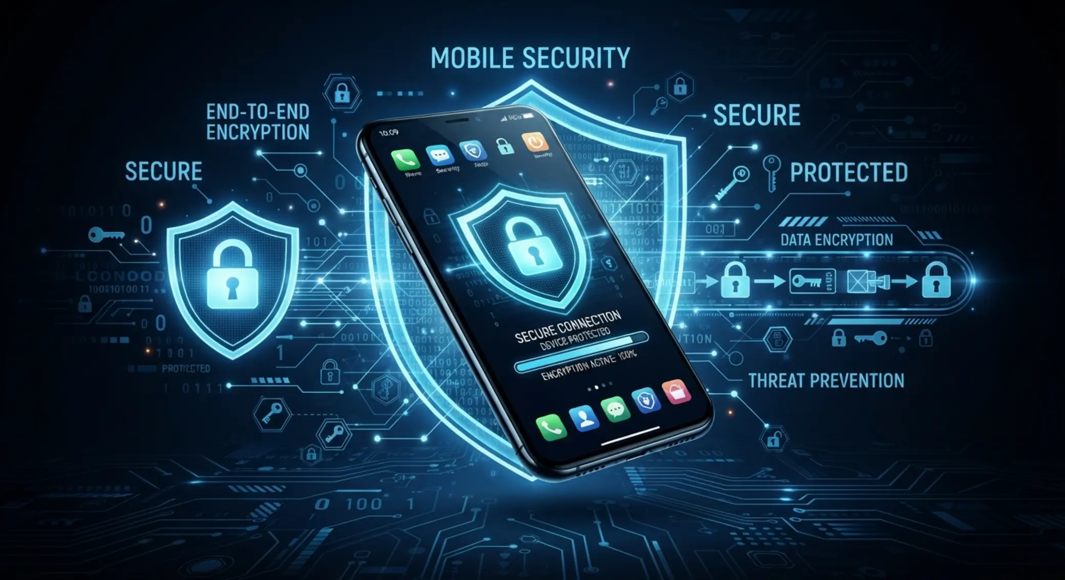 Smartfon z ikoną tarczy i kłódki symbolizujący bezpieczeństwo aplikacji
