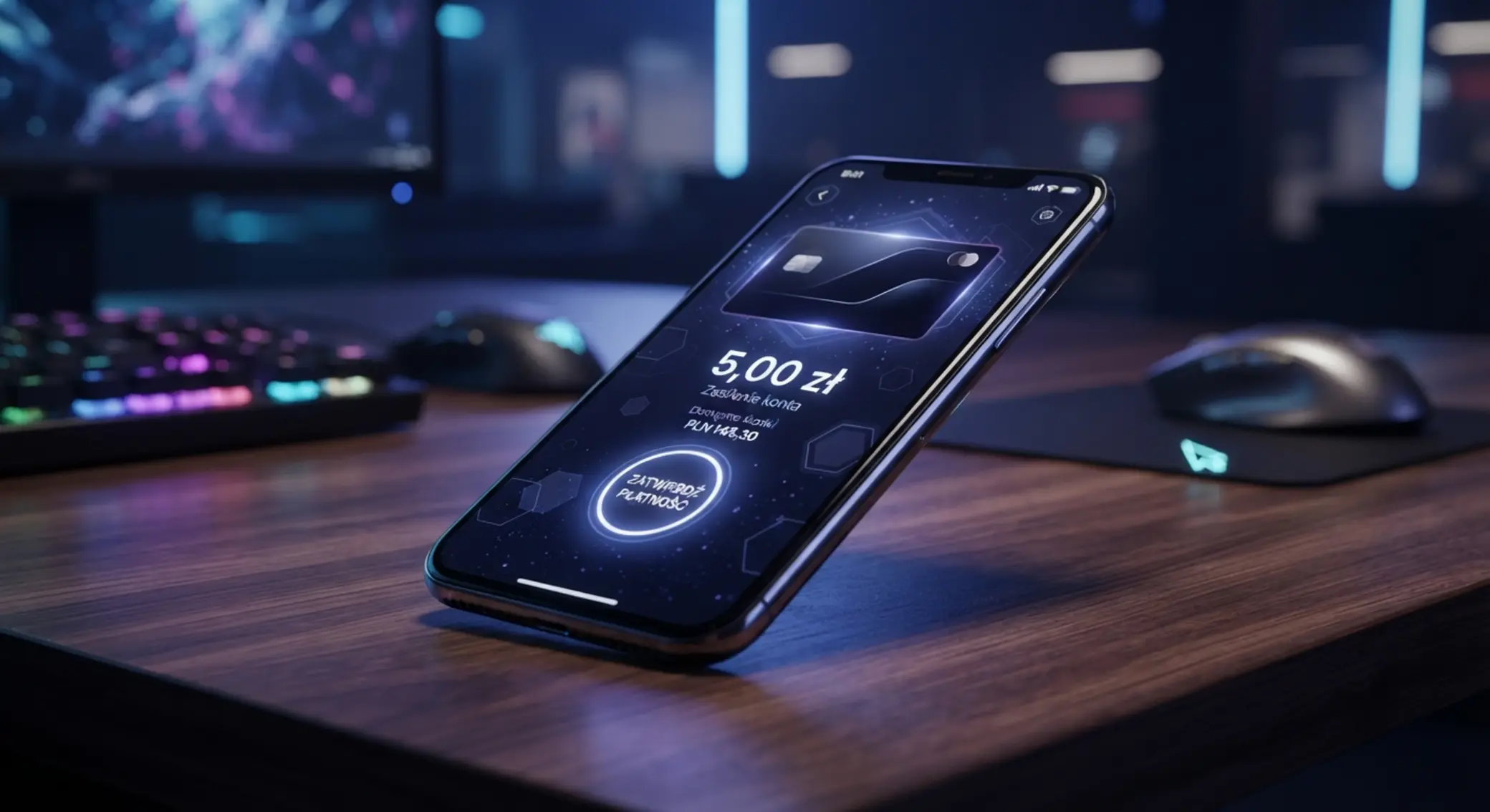 Nowoczesny telefon z kartą płatniczą i kwotą 5 zł w cyfrowym interfejsie