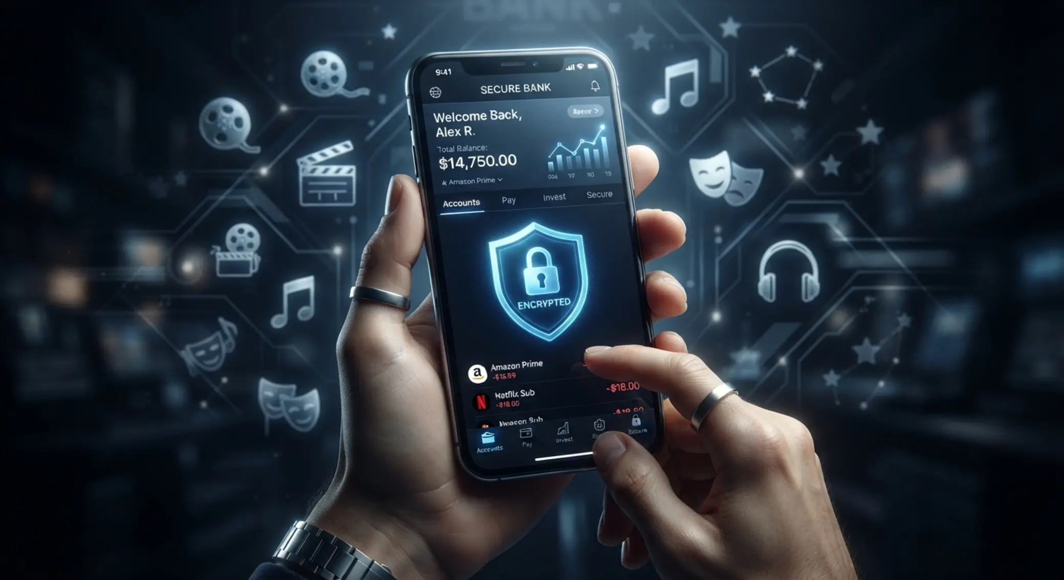 Smartfon z ikoną tarczy i kłódki przy płatnościach online