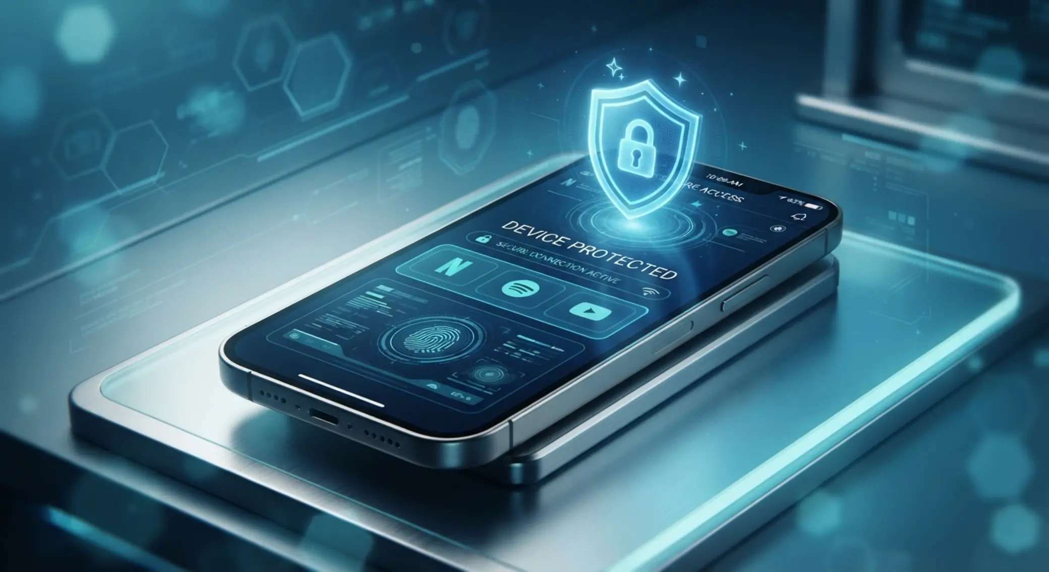 Smartfon z tarczą i kłódką symbolizującymi bezpieczeństwo aplikacji