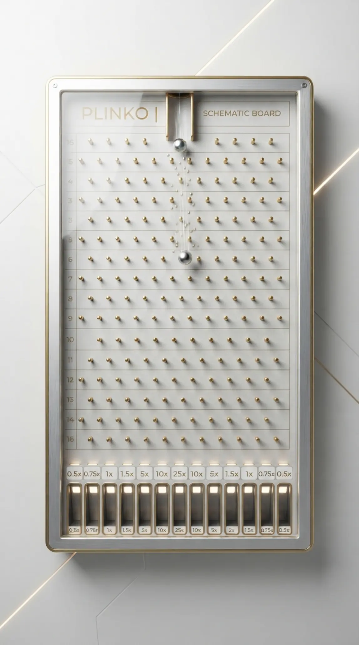 Schemat planszy Plinko z kołkami, kulką i polami mnożników